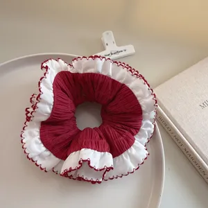 Κoreano retro scrunchie μαλλιών διπλής στρώσης με βολάν και χρώμα αντίθεσης για αλογοουρά