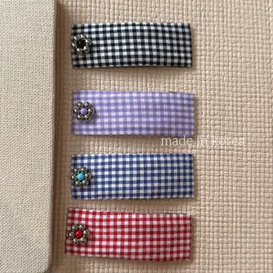 Korean vintage plaid fabric hair clips with metal flower design, 4 colors set.