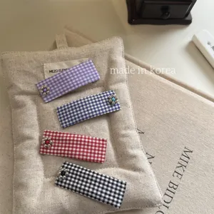 Korean vintage checkered fabric BB hair clip with cute metal flower, perfect side clip.