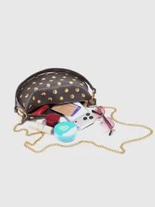 Brown PU leather studded shoulder bag underarm hobo bag with gold chain strap for women.