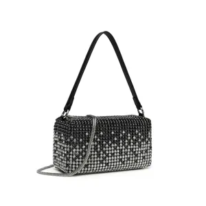 Elegant rhinestone evening shoulder bag with crystal mesh, black top handle and metal chain.