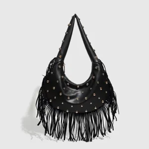 Women PU Leather Hobo Shoulder Bag Vintage Rivet Tassel Crossbody Bag Casual Chic Handbag Fashion Purse