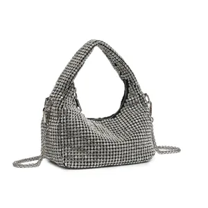Elegant rhinestone hobo shoulder bag for women, sparkling crystal chain evening handbag.
