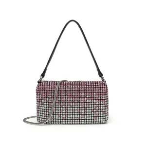 Stunning rhinestone mesh shoulder bag for women, luxury crystal evening handbag with chain.