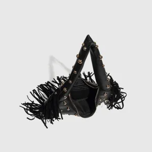 Black leather fringe rivet shoulder bag, stylish punk style crossbody bag with gold studs and tassels.