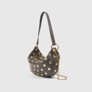 Punk style PU leather shoulder bag with gold rivets and chain, retro underarm hobo handbag.