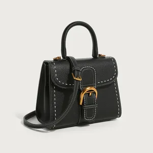 Classic black leather handbag with metal buckle top handle shoulder crossbody bag for women