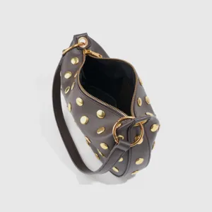 Dark grey PU leather shoulder bag with gold dome studs, punk style hobo armpit bag main view.