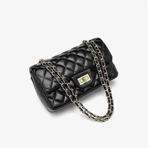 Classic black quilted leather chain shoulder bag, stylish retro design for women.