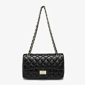 Black quilted shoulder bag with gold chain strap, classic flap design and elegant style.