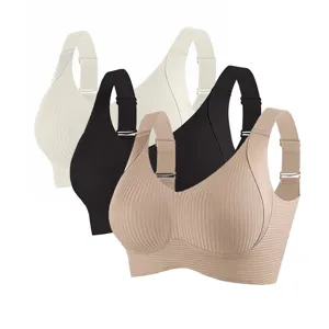 Plus size seamless ribbed bra for women, comfortable push up wireless daily sports bralette.