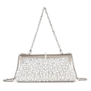 Elegant rhinestone pearl evening clutch bag with metal chain strap for women parties.
