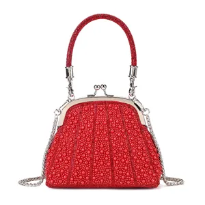 Luxury Women Pearl Acrylic Evening Bag Rhinestone Shell Handbag Kiss Lock Party Banquet Crossbody Bag With Metal Chain
