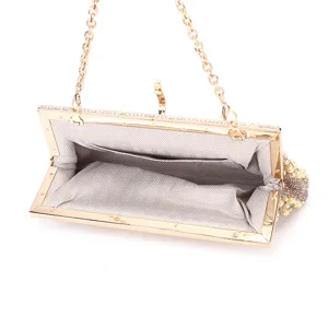 Elegant rhinestone evening bag with gold chain strap, luxury crystal clutch purse for women.