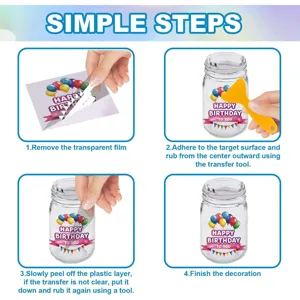 Water transfer sticker for glass jar DIY decoration, easy craft tutorial step images.