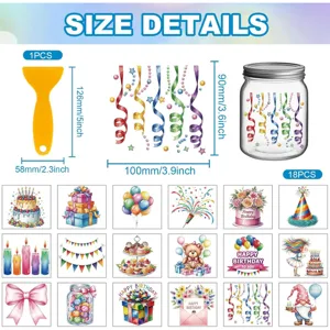 Watercolor DIY cold transfer stickers set with scraper and jar, 18pcs birthday designs.
