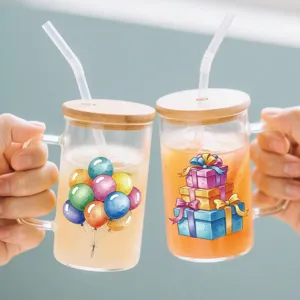 Clear glass cup with bamboo lid and straw, cute balloon and gift box printed DIY drinking cup.