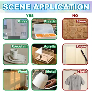 Application guide showing suitable and unsuitable material surfaces for DIY transfer stickers clearly.