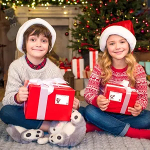 Christmas gift sticker detail scene featuring children with festive boxes and decorative labels.