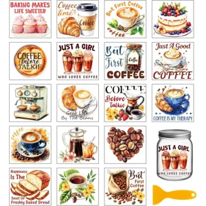 Watercolor coffee baking transfer stickers for DIY glass cups and mugs decoration crafts.