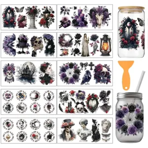 Autocollants de transfert UV DTF style sombre gothique pour décoration de pot en verre.