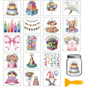 Waterproof Watercolor Cold Transfer Stickers for Glass Cup Ceramic DIY Crafts 18 Sheets Pack Birthday Food Coffee Theme Decorative Labels