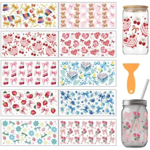 Lot de stickers transfert rub on UV DTF tasse avec joli motif ours et nœud verre.