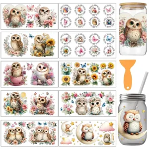 Stickers transfert hiboux pour tasses en verre DIY autocollants décoratifs UV DTF loisirs