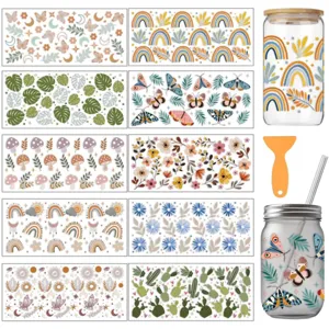 Autocollants de transfert UV DTF pour tasses en verre DIY style boheme decoratifs