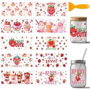 Détails de stickers de transfert UV DTF fraise mignonne, déco DIY pour tasses en verre.