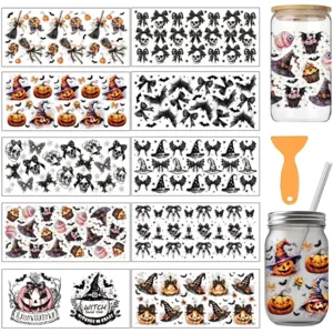 Stickers de transfert UV DTF d'Halloween pour tasses en verre ensembles de décoration.