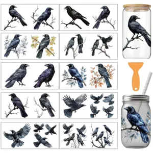 Autocollants de transfert UV DTF pour tasses en verre, kit DIY motif corbeau étanche.