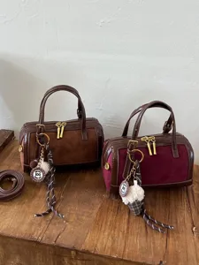 Retro PU Leather Contrast Color Boston Bag For Women Elegant Small Pillow Shoulder Bag Versatile Handbag Crossbody Bag For Daily Use