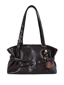 Sac à épaule marron rétro pour femme, grand cabas de travail avec œillets métalliques et perles.