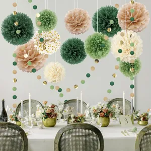Hanging paper flower balls and dot garland set for party wedding birthday background decor.
