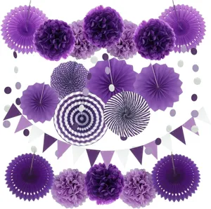 Purple paper fan flowers pom poms and bunting garland set for birthday wedding party decor