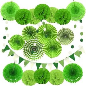 Green paper fan flower decoration set details showing folding fans pom poms and bunting flags for party.