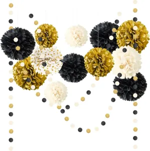 Detailed view of paper pom poms and dot garland set for party wedding birthday decoration.