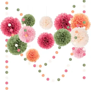 15 Pieces Paper Pom Poms Flower Balls And Polka Dot Garland Set For Birthday Party Wedding Background Wall Decoration