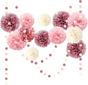 Paper pom pom flower garland set details for party wedding decoration background hanging decor display.
