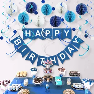 Blaues Geburtstag Party Deko Set mit Happy Birthday Banner und Wabenbällen.