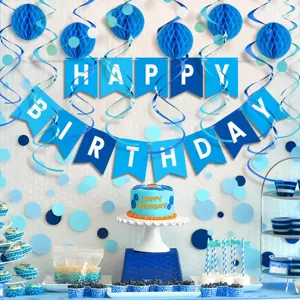 Blaues Geburtstag Deko Set mit Girlande Wabenbällen Hängenden Spiralen für Party Dekoration