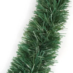 Green Christmas tinsel garland, festive pine needle decoration string for holiday party.