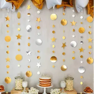 Gold and silver star and circle paper garland hanging decorations for birthday party supplies