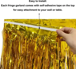 Detail view of gold foil fringe curtain with self-adhesive top tape for easy wall hanging.