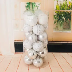 Christmas tree decoration 24pcs 6cm white silver painted baubles set in clear bucket.