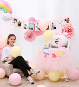 Baby 1st birthday party decoration photo banner balloons pink set cute celebration supplies