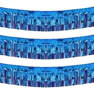 Blue tinsel fringe curtain metallic foil fringe banner for birthday party wedding decoration background.
