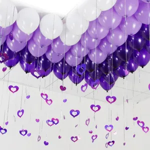 Balloon and heart pendant set for wedding and party decoration, elegant purple and white.