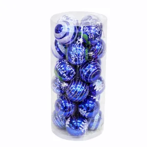 24pcs 6cm blue plastic Christmas baubles in transparent cylinder package for tree decor.